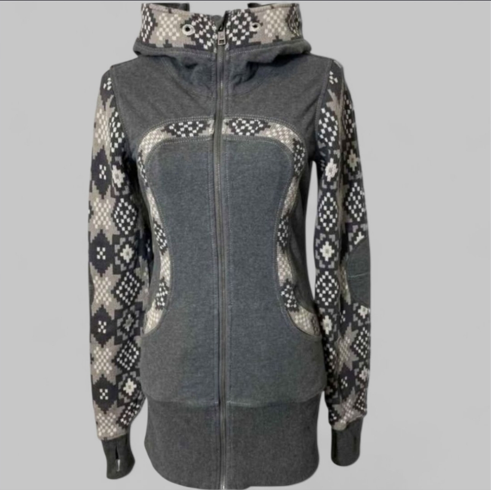 Lululemon Scuba Women's 6 Grey Knit & Fair Isle Sweater Zip Up Hoodie